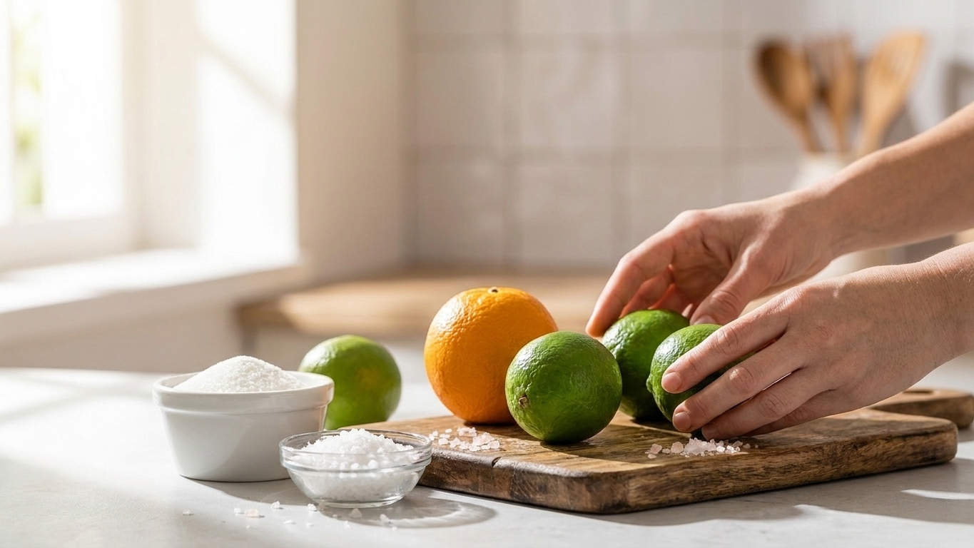 Fresh limes, an orange, a small bowl of sugar, and a dish of flaky salt arranged on a clean kitchen counter
