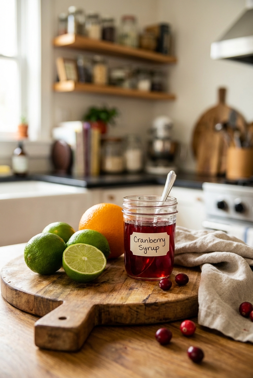 Fresh limes, an orange, and a small jar of homemade cranberry syrup on a cutting board in a home kitchen