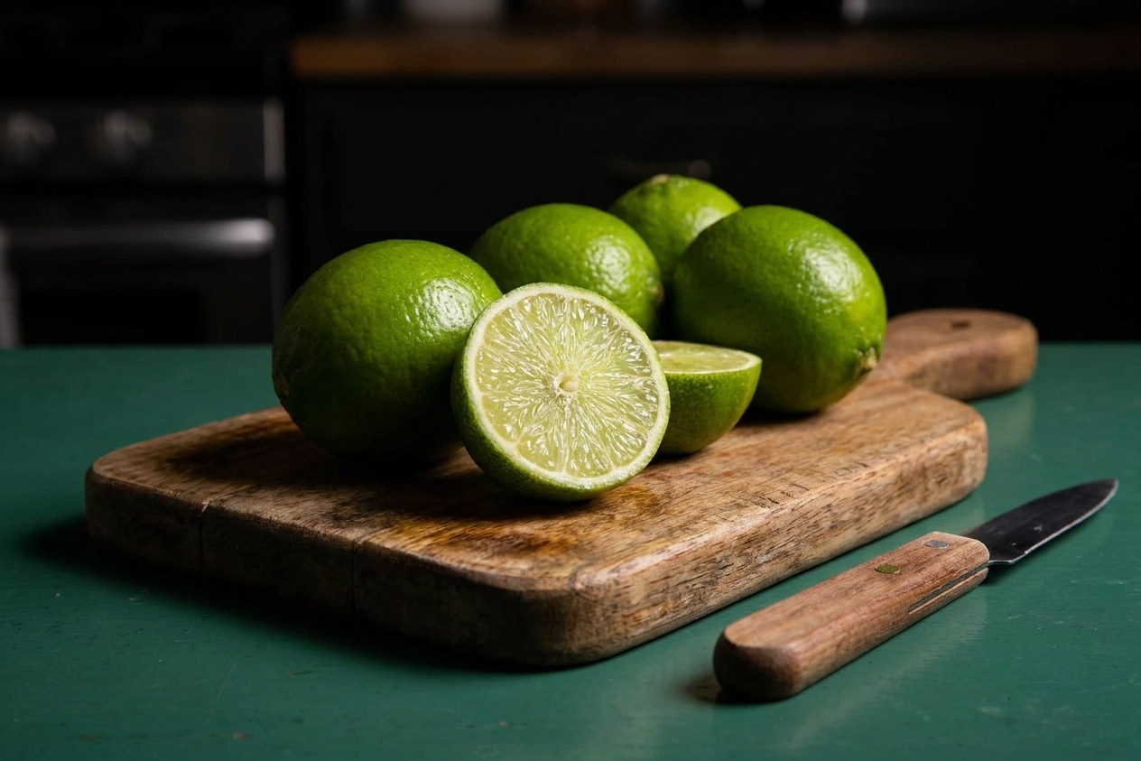 Fresh limes and a halved lime on a wooden cutting board next to a small knife on a kitchen counter