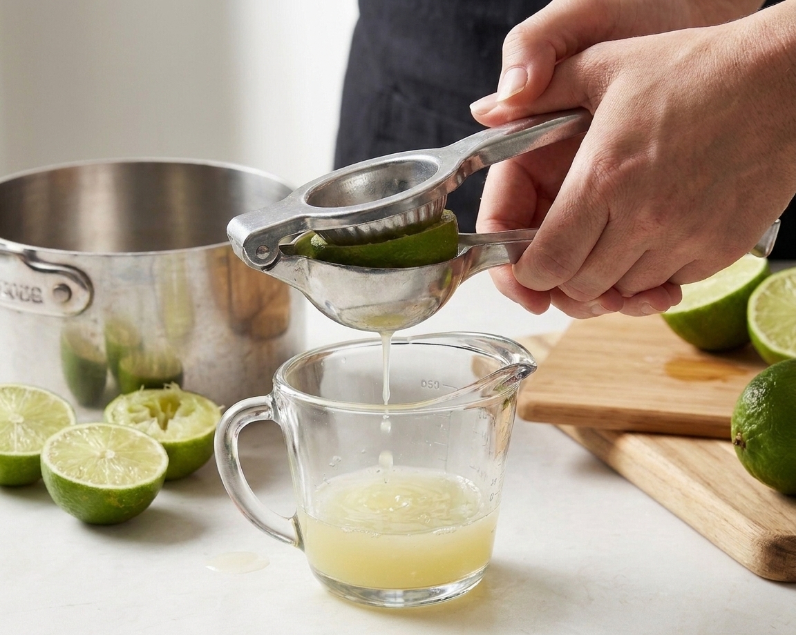 Fresh limes and a handheld citrus juicer on a clean kitchen countertop with a small glass measuring cup catching the juice
