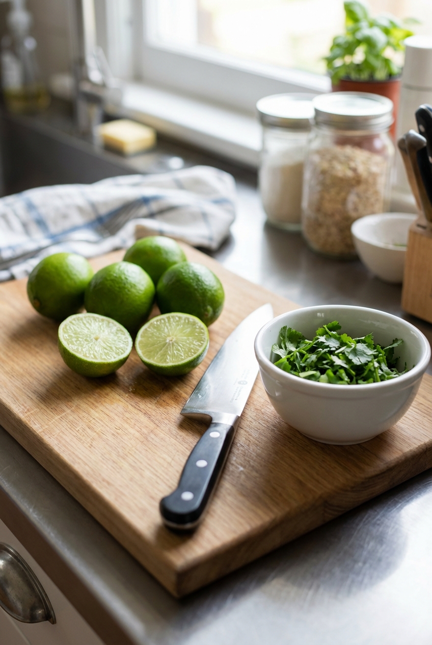 Fresh limes and a knife on a cutting board next to a bowl of chopped cilantro