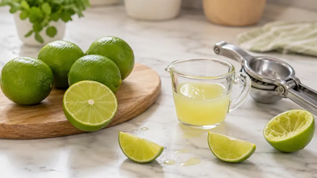 Fresh limes and a small measuring cup on a kitchen counter, ready for juicing
