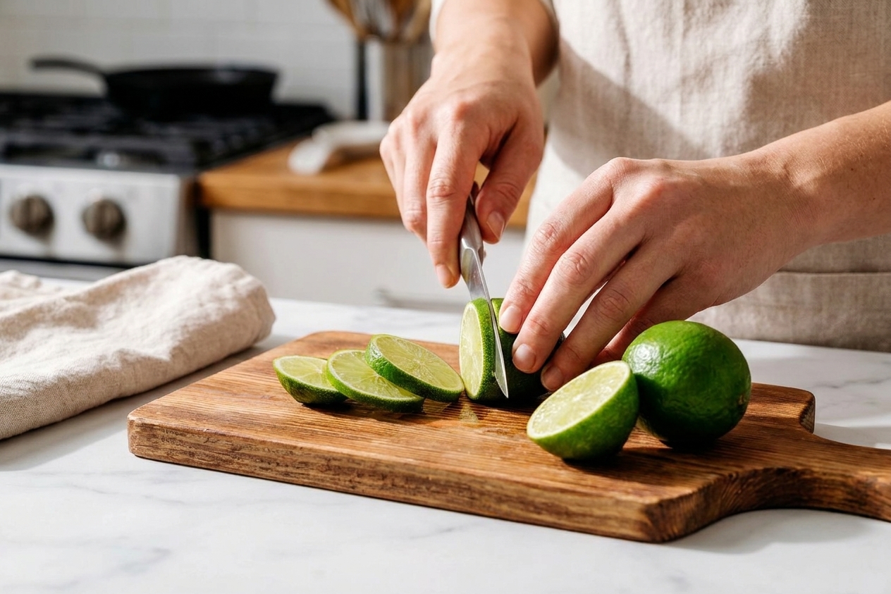 Fresh limes being cut on a wooden cutting board with a small paring knife on a kitchen counter