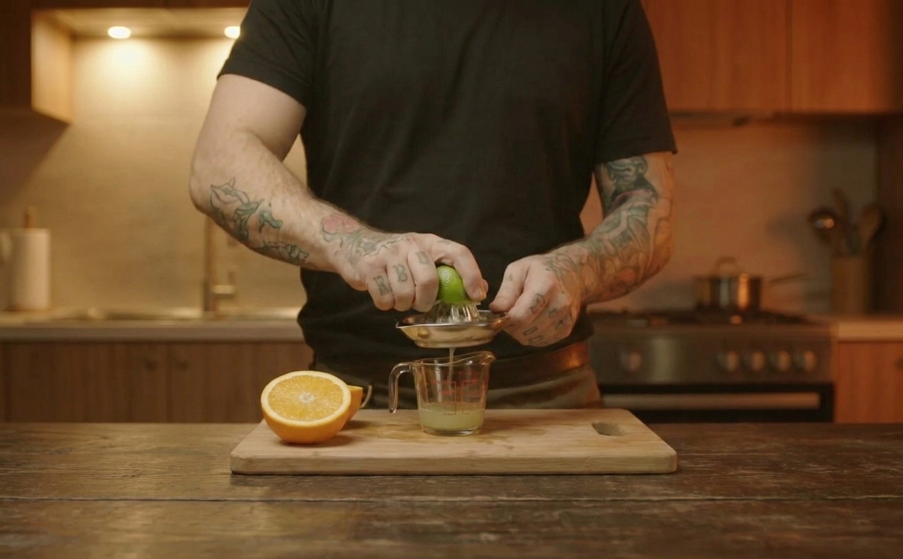 Fresh limes being juiced beside a halved orange on a cutting board, with a small glass measuring cup collecting the juice under warm kitchen lighting