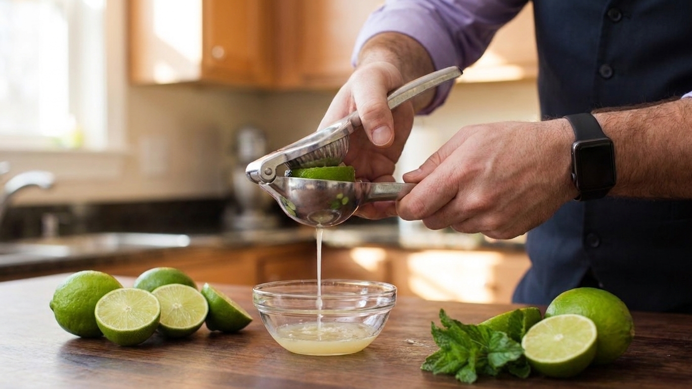 Fresh limes being squeezed with a handheld citrus press over a small bowl on a clean kitchen counter