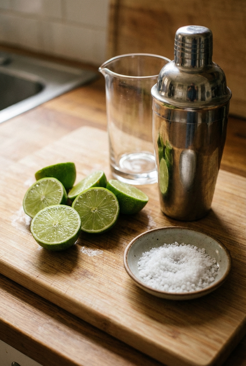 Fresh limes cut in half on a cutting board next to a cocktail shaker and a small bowl of kosher salt