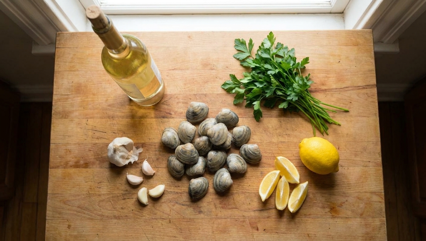 Fresh littleneck clams, garlic cloves, parsley, lemon, and a bottle of white wine arranged on a clean kitchen counter with soft natural light