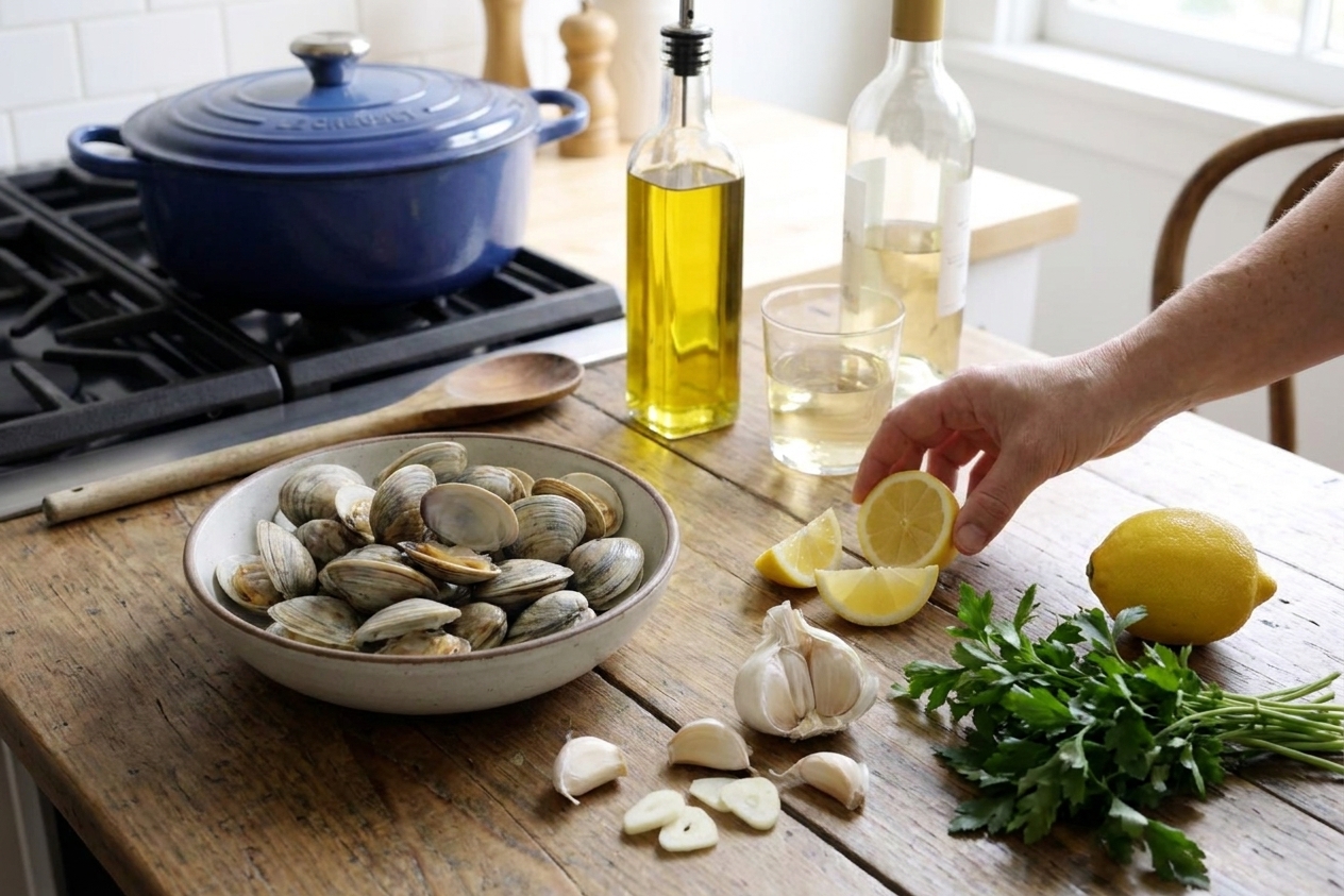 Fresh littleneck clams in a bowl on a kitchen counter next to garlic, parsley, lemon, olive oil, and a bottle of dry white wine