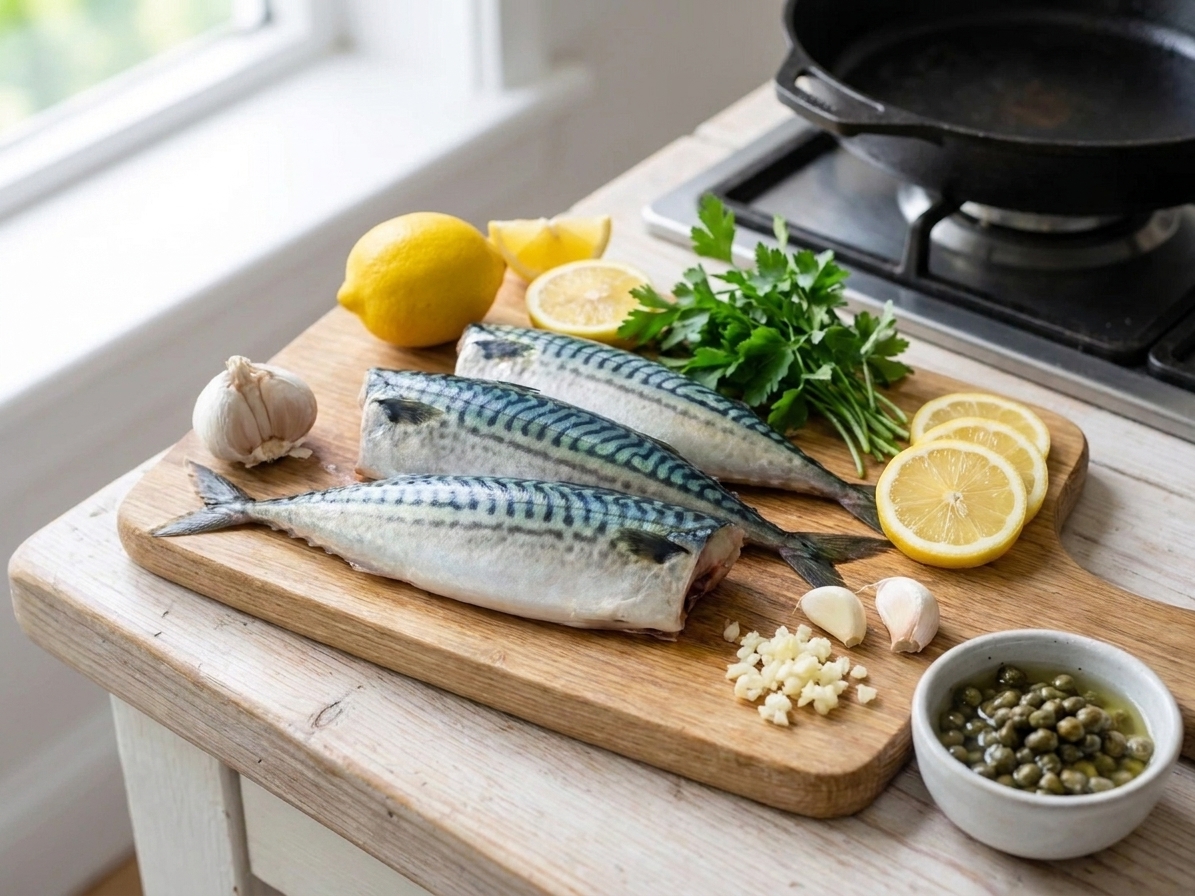 Fresh mackerel fillets laid skin-side up on a wooden cutting board with lemon, parsley, garlic, and a small bowl of capers nearby on a bright kitchen counter