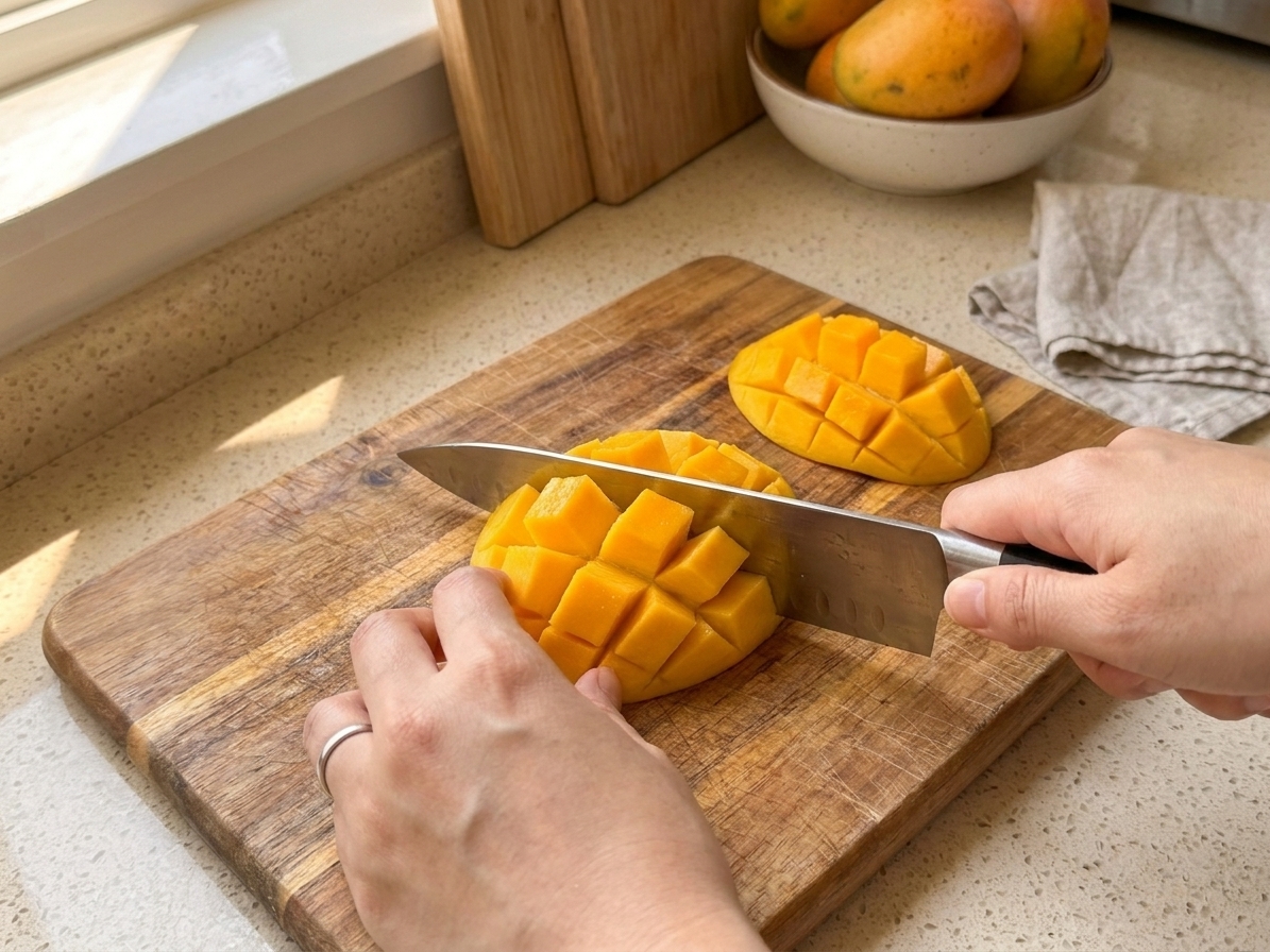 Fresh mango being diced on a wooden cutting board with a chef's hand holding the knife, on a clean kitchen counter with consistent lighting