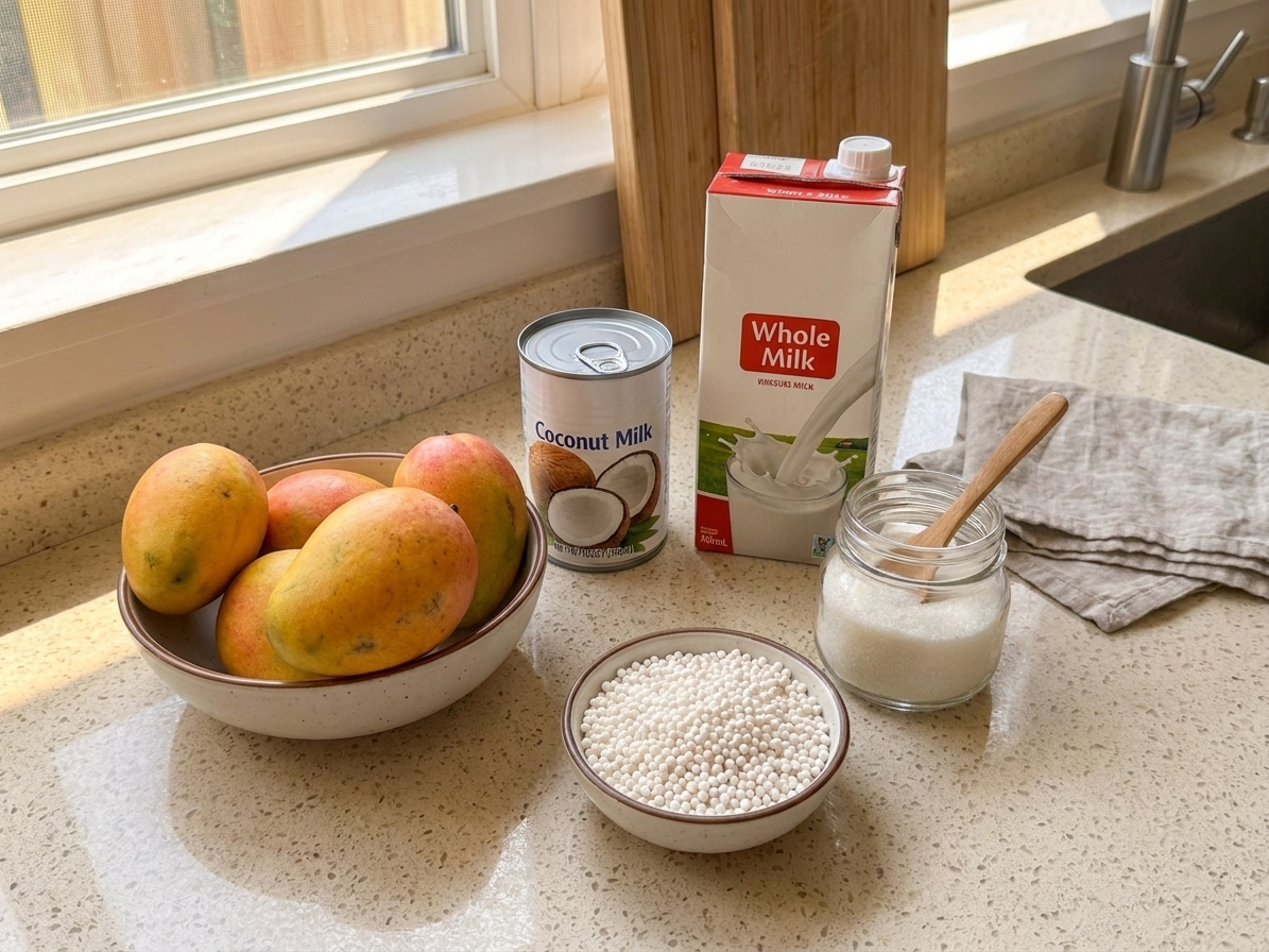Fresh mangoes, a can of coconut milk, a carton of milk, sugar, and small tapioca pearls arranged on a clean kitchen counter in consistent natural light