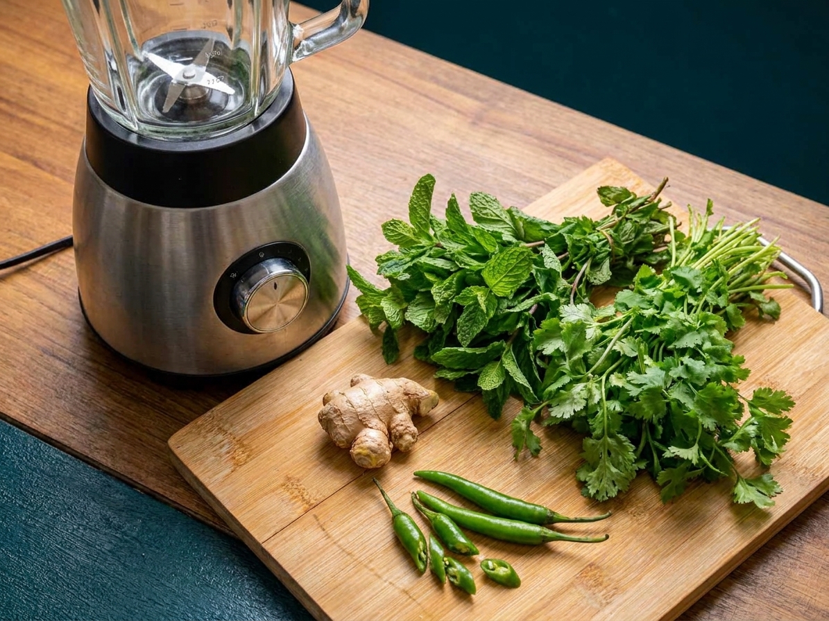 Fresh mint, cilantro, ginger, and green chiles arranged next to a blender on a kitchen counter
