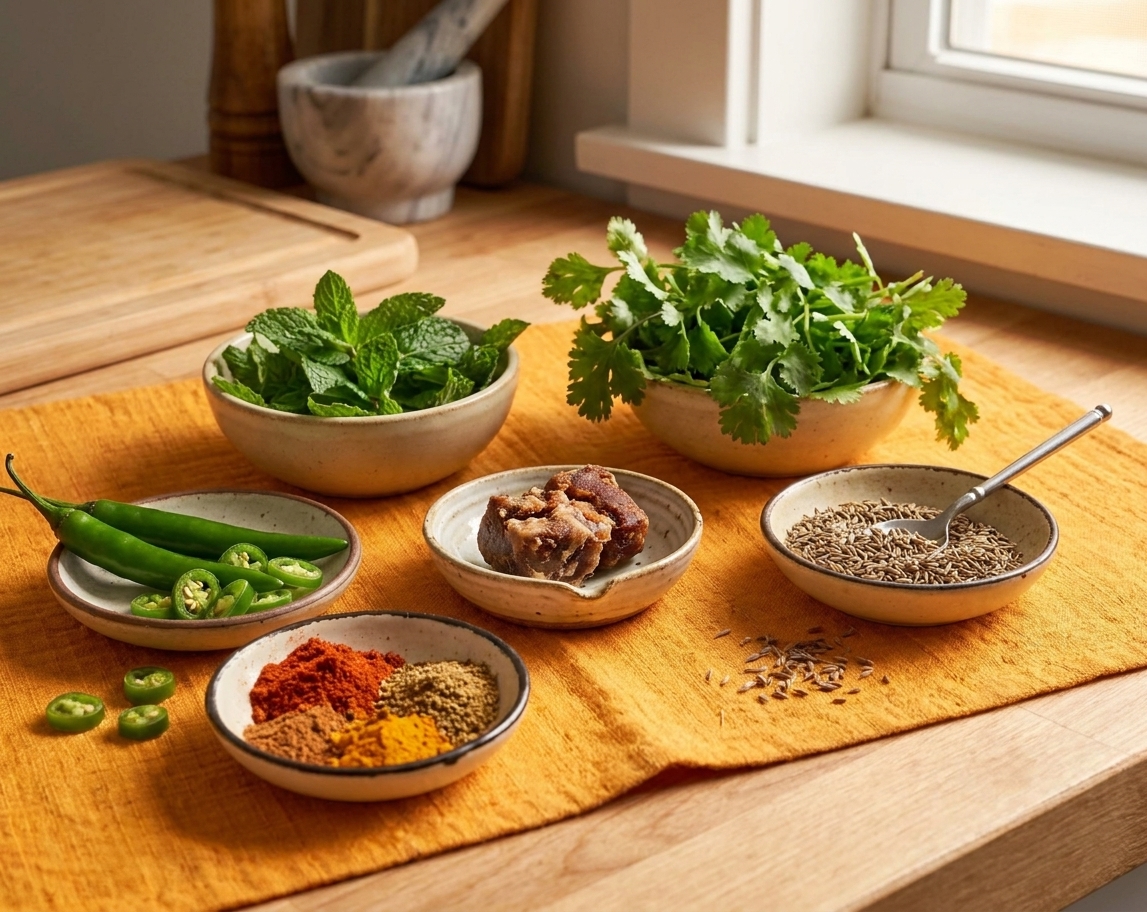 Fresh mint, cilantro, green chiles, tamarind, cumin, and spices arranged in small bowls on a kitchen counter