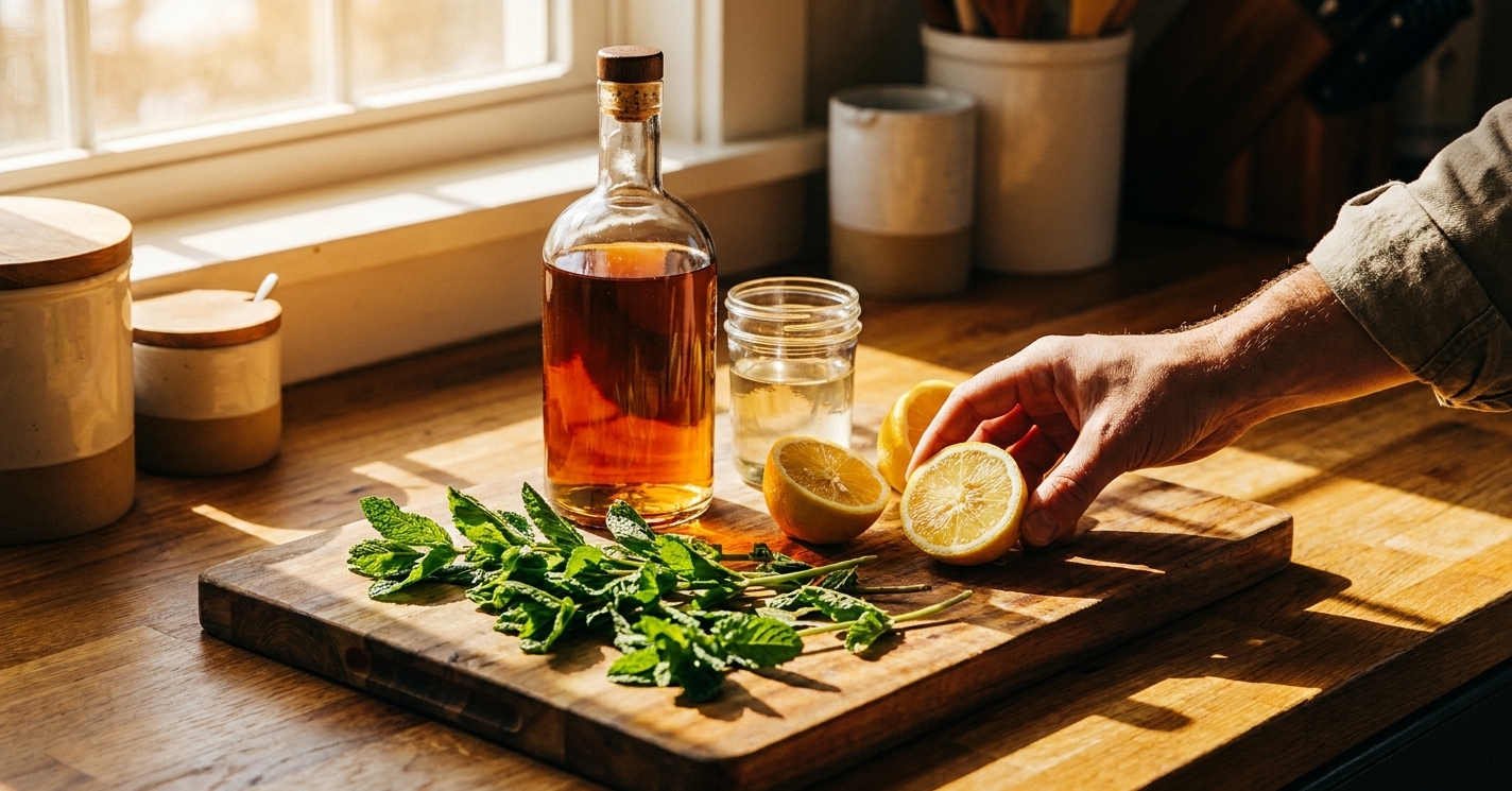 Fresh mint, halved lemons, a bottle of bourbon, and a small jar of simple syrup arranged on a bright kitchen counter with a cutting board