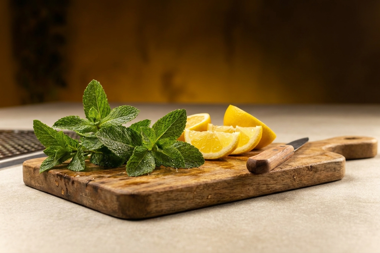 Fresh mint leaves and lemon wedges on a wooden cutting board beside a small paring knife on a kitchen counter