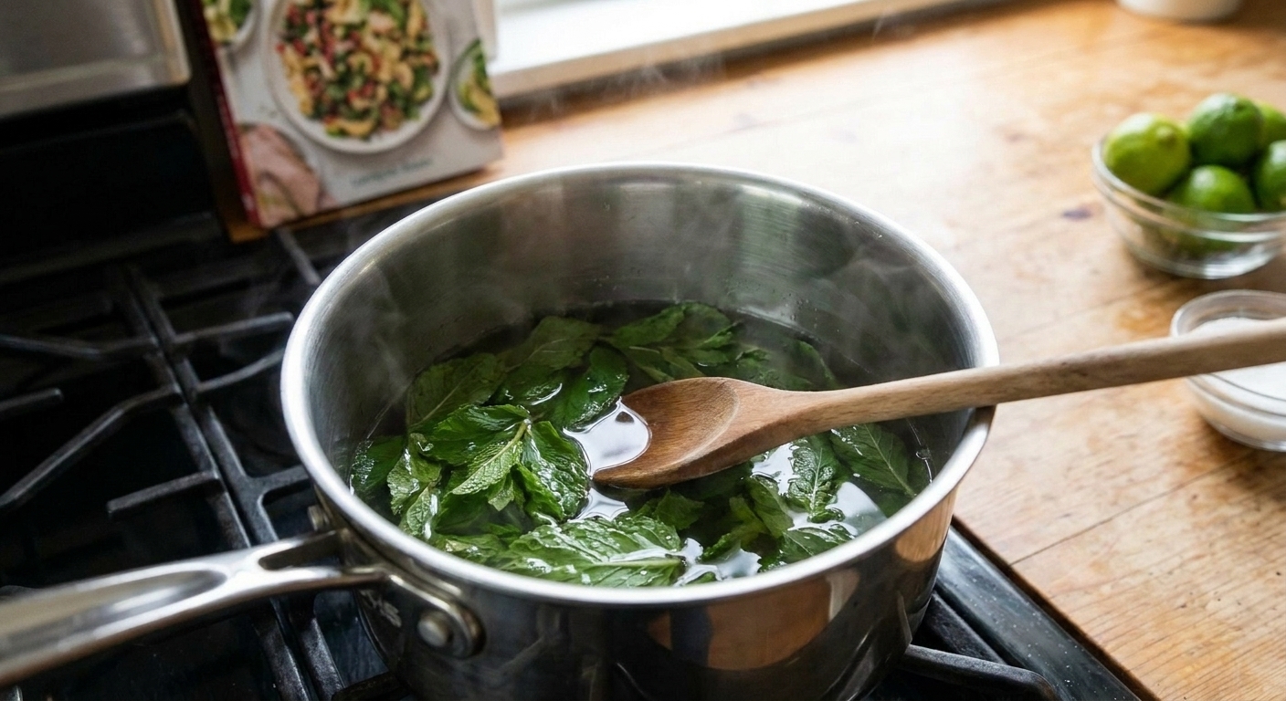 Fresh mint leaves steeping in a small saucepan of warm simple syrup on a stovetop with a wooden spoon nearby