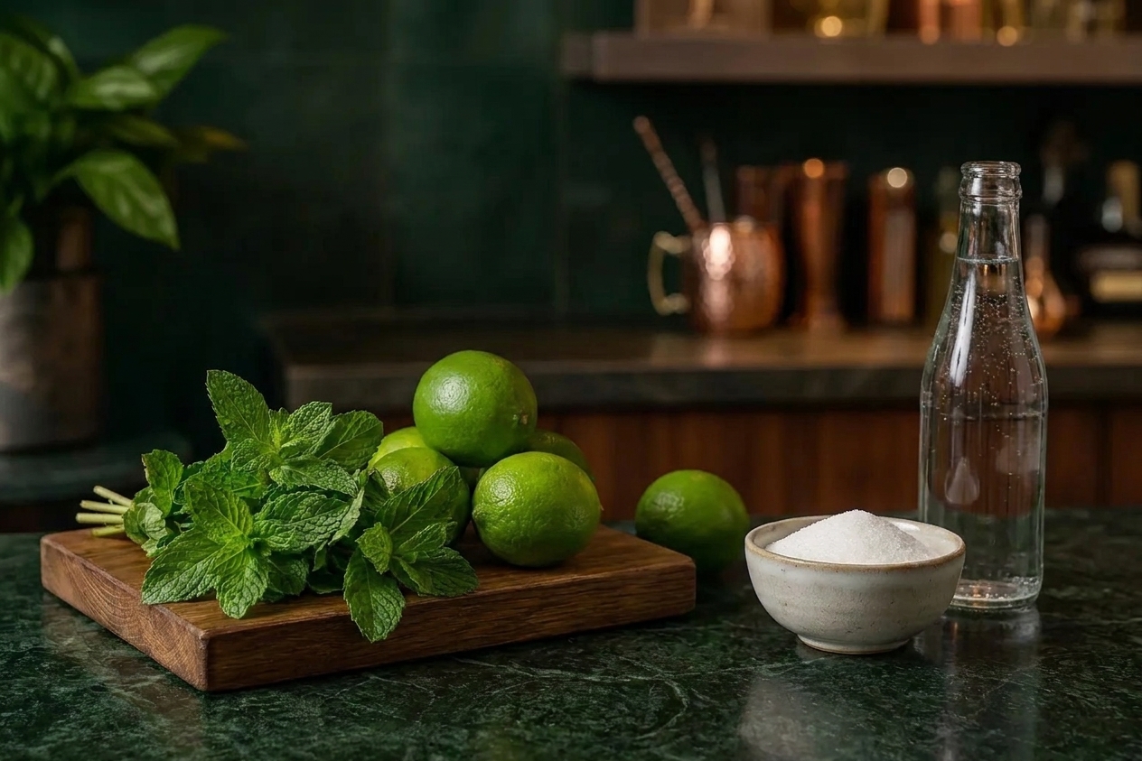 Fresh mint, whole limes, a small bowl of sugar, and a bottle of sparkling water arranged on a clean kitchen counter