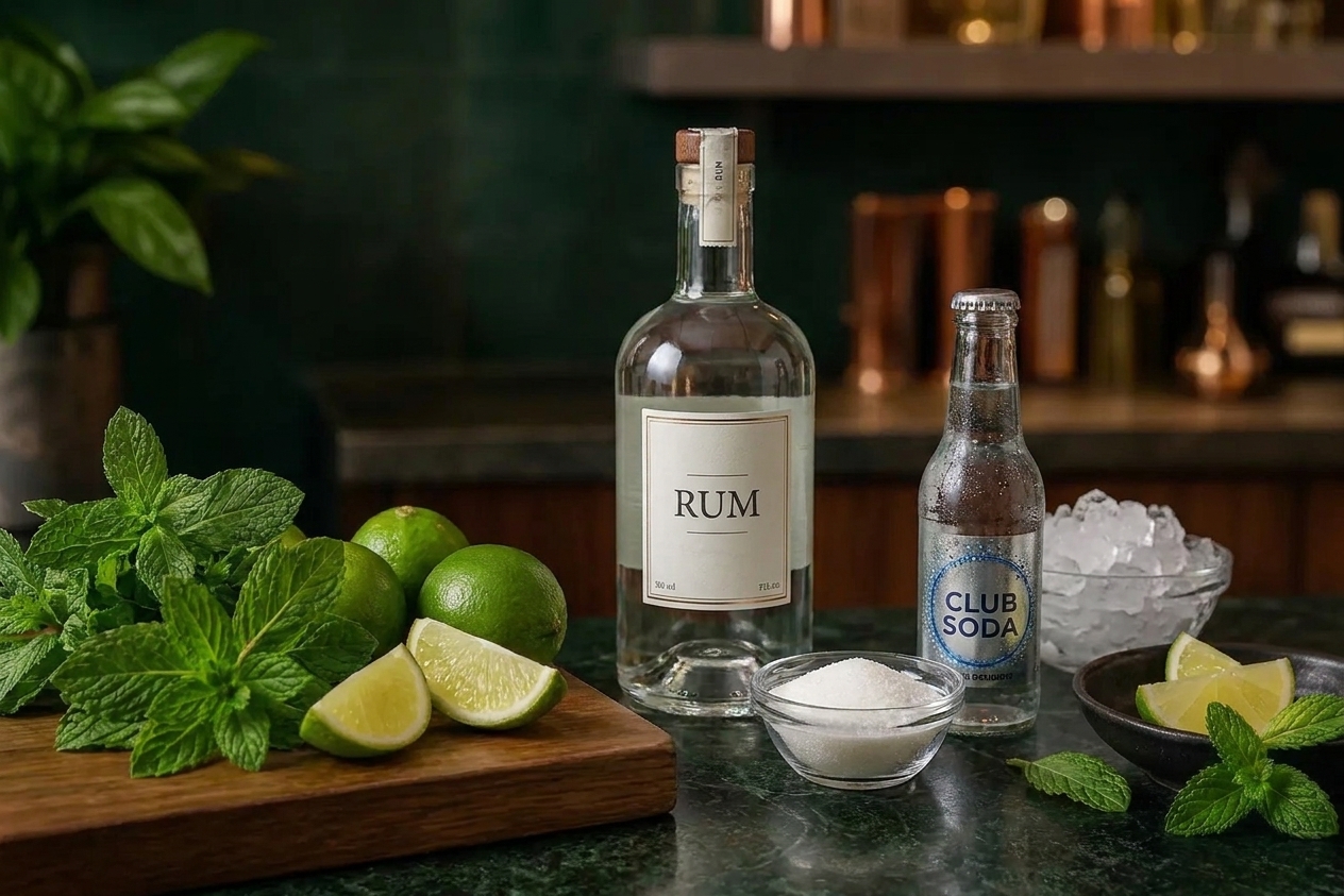 Fresh mint, whole limes, white rum, sugar, and a bottle of club soda arranged on a clean kitchen counter with a small bowl of ice