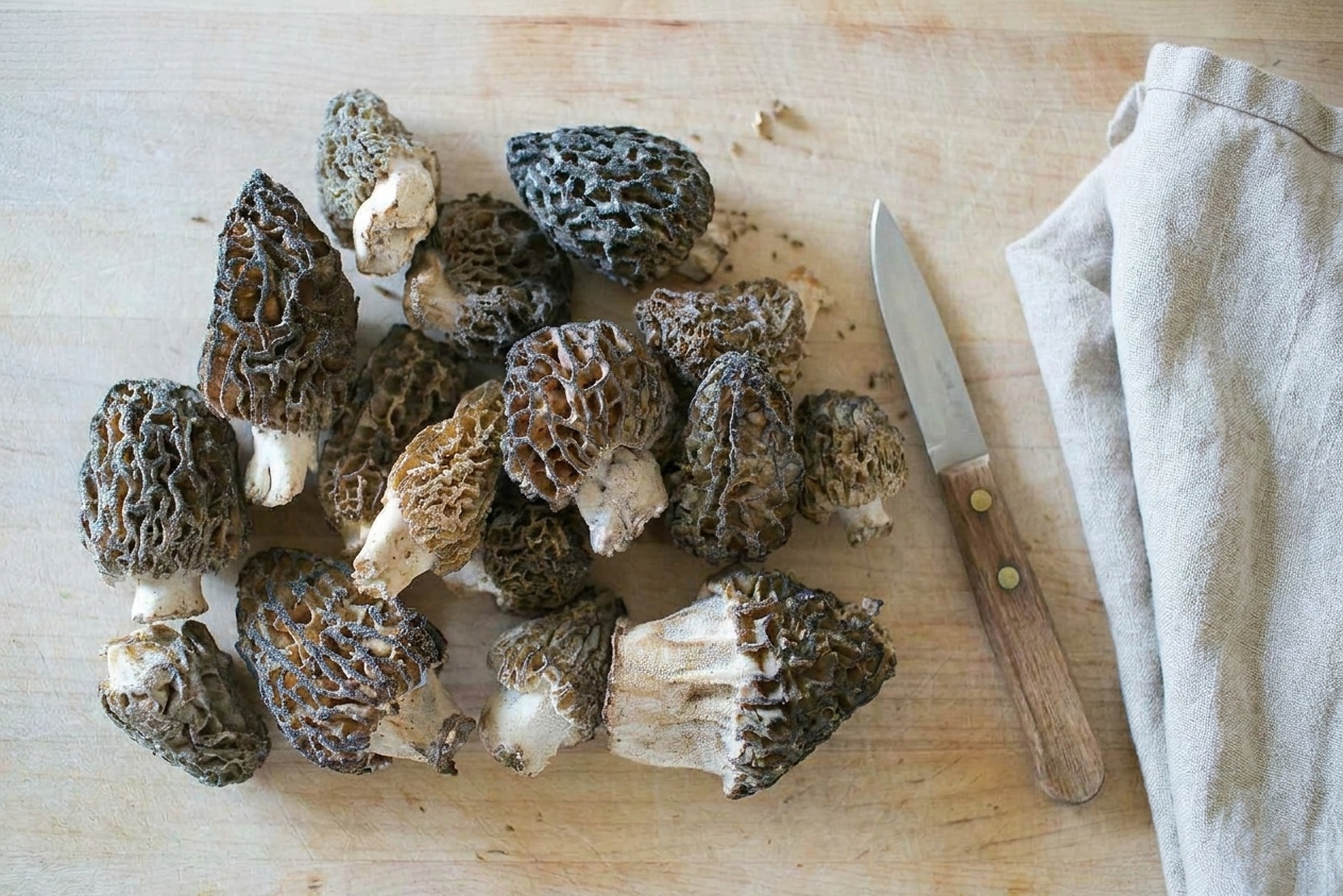 Fresh morel mushrooms scattered on a clean kitchen counter next to a small paring knife and a folded towel