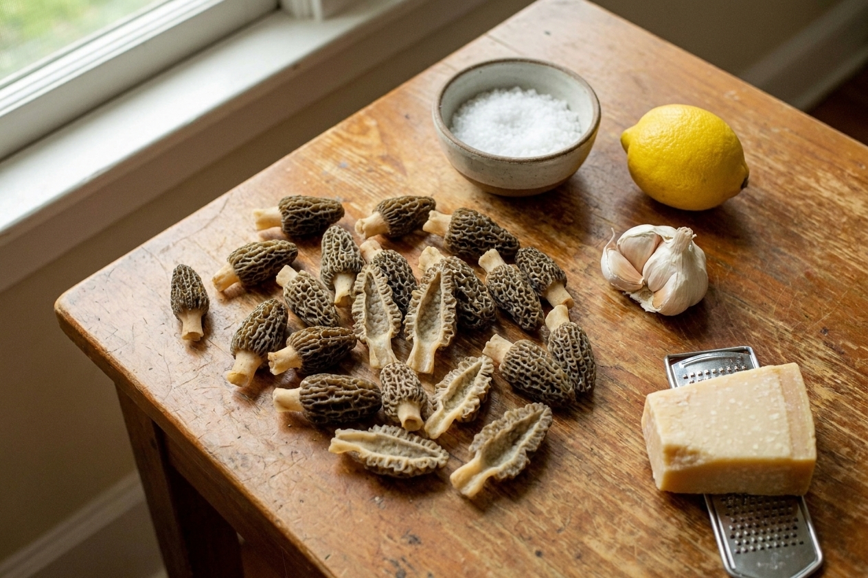 Fresh morel mushrooms spread on a light kitchen counter next to a small bowl of salt, a lemon, garlic cloves, and a wedge of Parmesan