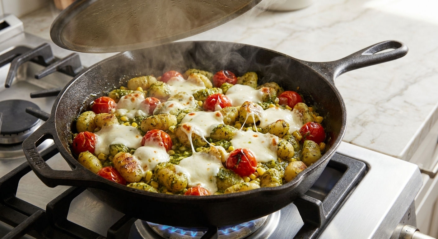 Fresh mozzarella melting over pesto-coated gnocchi and burst tomatoes in a covered skillet just after the lid is lifted