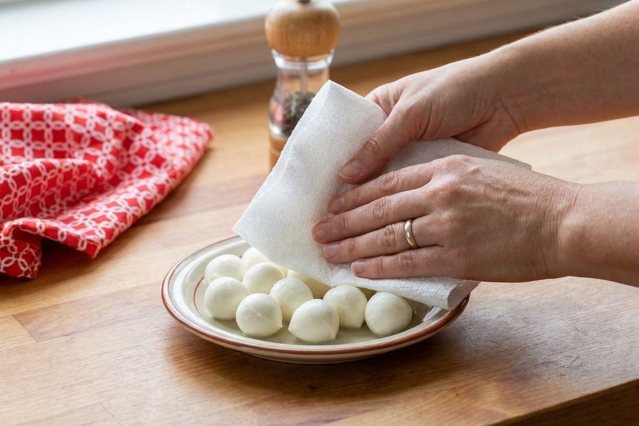 Fresh mozzarella pearls being gently blotted dry with paper towels on a small plate on a bright kitchen counter
