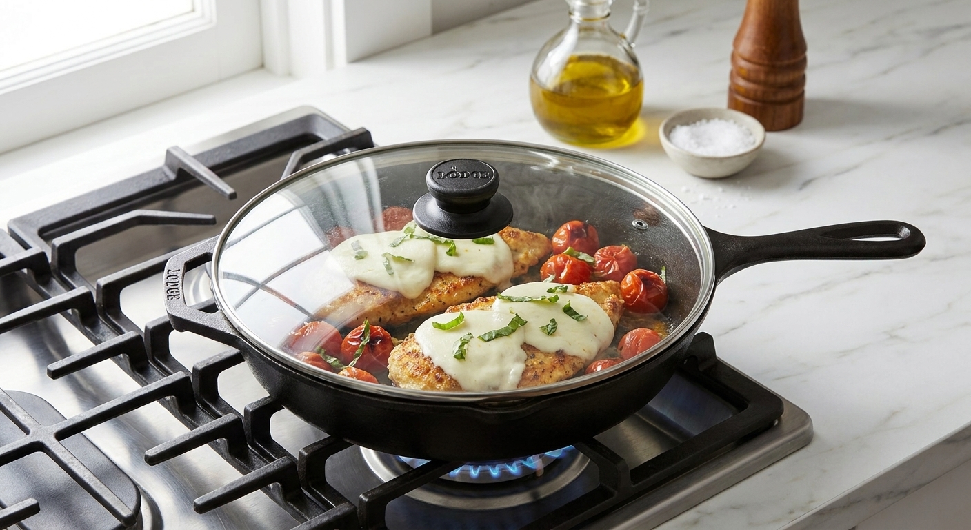 Fresh mozzarella slices melting over cooked chicken cutlets in a covered skillet with blistered cherry tomatoes