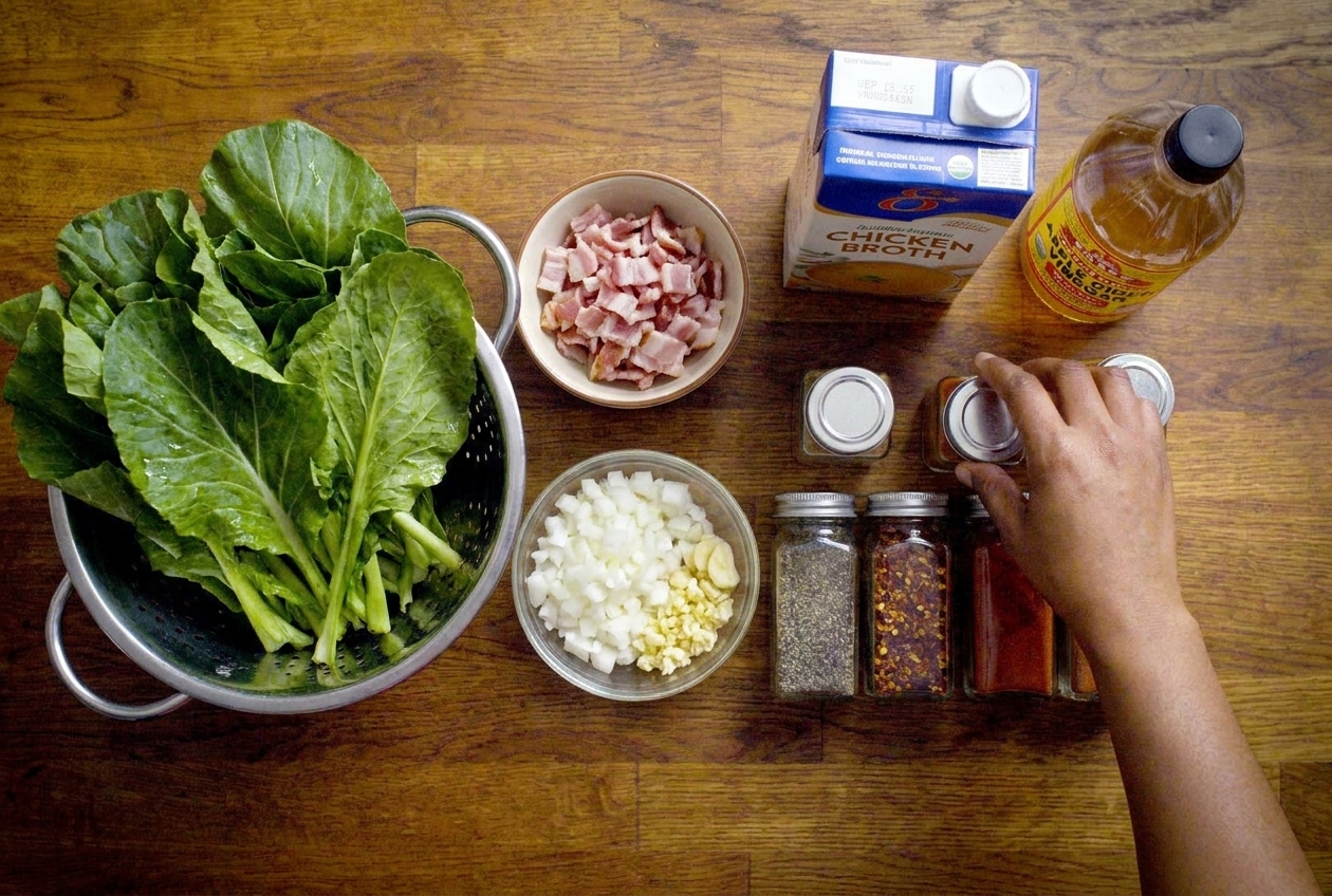Fresh mustard greens, bacon, onion, garlic, chicken broth, apple cider vinegar, and spices arranged on a clean kitchen counter