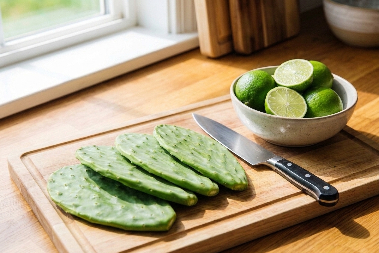 Fresh nopales cactus pads on a wooden cutting board with a chef's knife and a bowl of limes on a bright kitchen counter