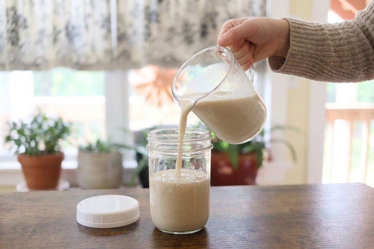 Fresh oat milk being poured from a measuring pitcher into a glass jar with a lid on a bright kitchen counter
