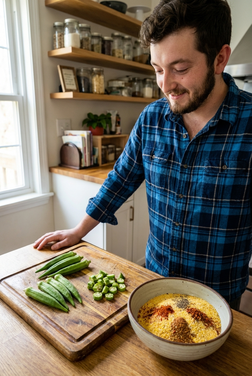Fresh okra pods on a cutting board next to a bowl of cornmeal and spices