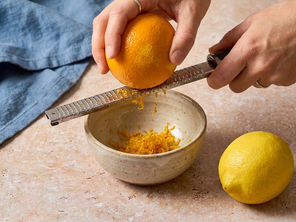 Fresh orange and lemon being zested over a small bowl