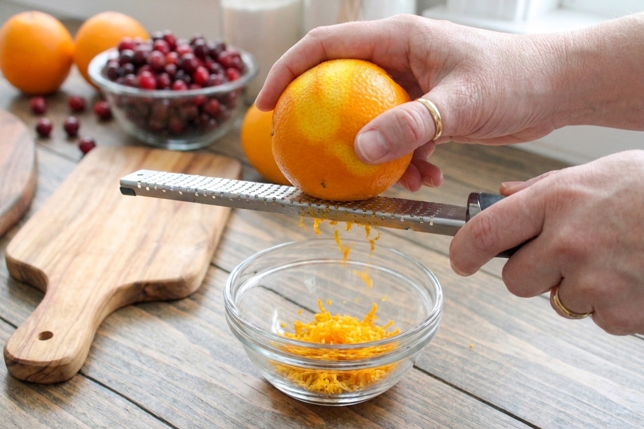 Fresh orange being zested with a microplane over a small bowl on a clean kitchen counter