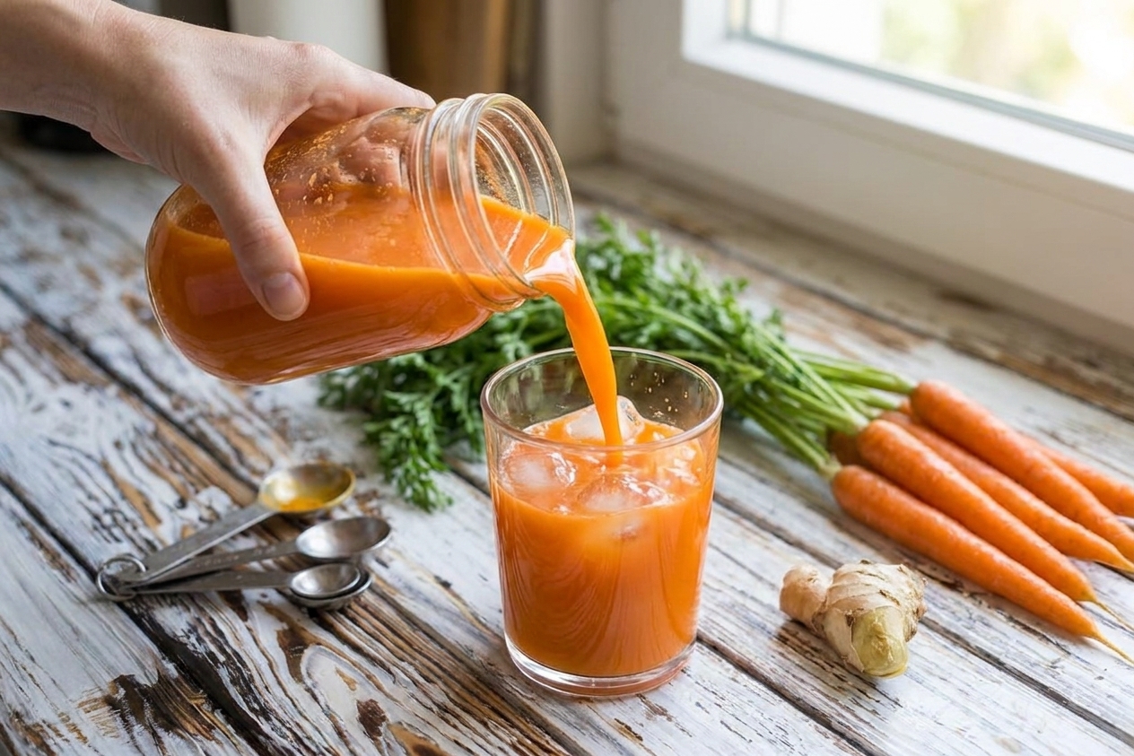 Fresh orange carrot ginger juice being poured from a glass jar into a tumbler with ice on a kitchen counter