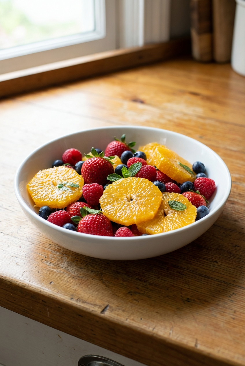 Fresh orange segments and berries in a bowl