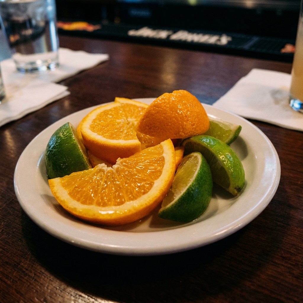 Fresh orange segments and lime wedges arranged on a small plate