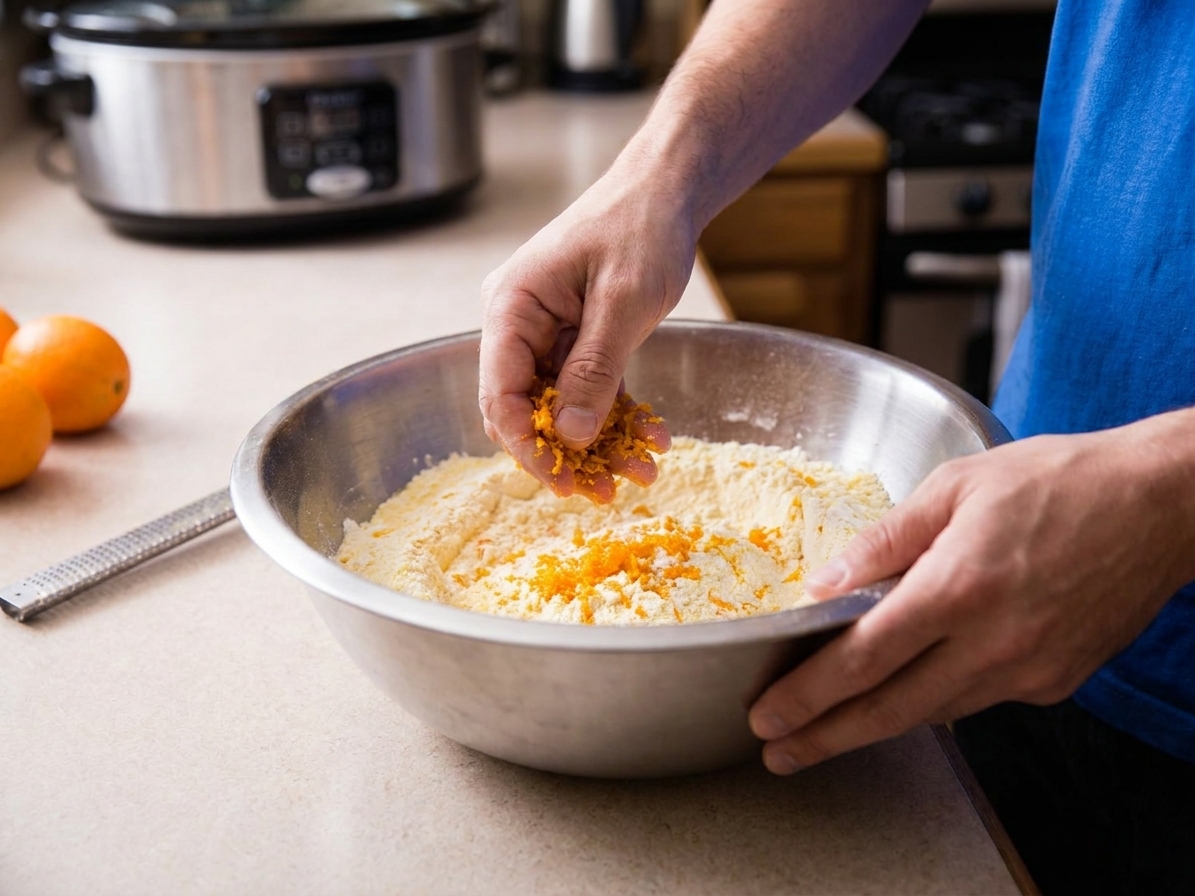 Fresh orange zest being rubbed into dry yellow cake mix in a large mixing bowl