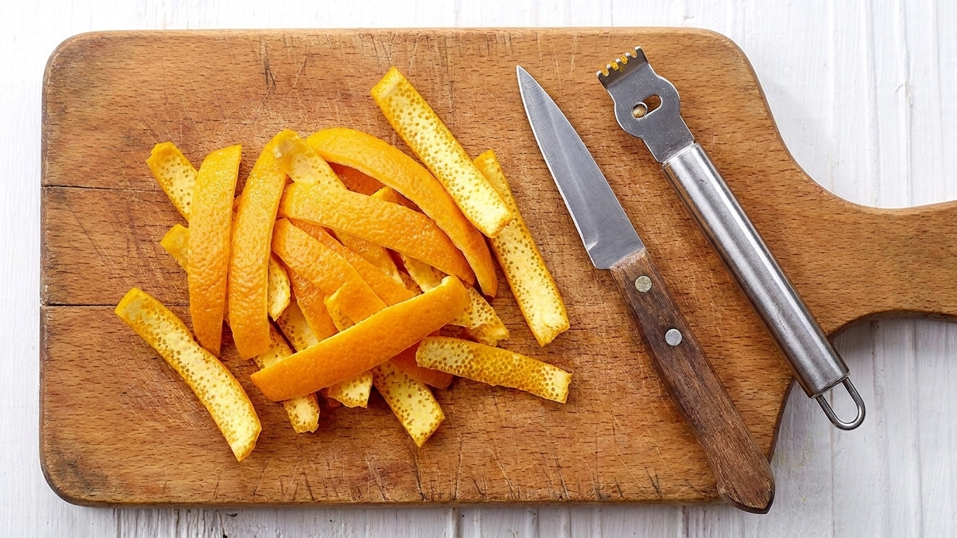 Fresh orange zest strips piled on a cutting board, ready to be sliced into thin ribbons