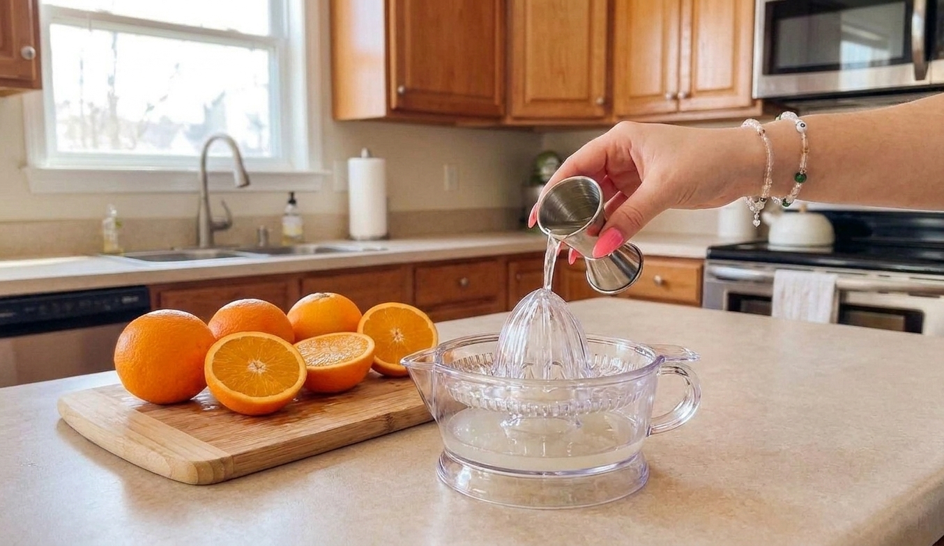 Fresh oranges, a citrus juicer, and a jigger set on a clean kitchen counter with bright natural light