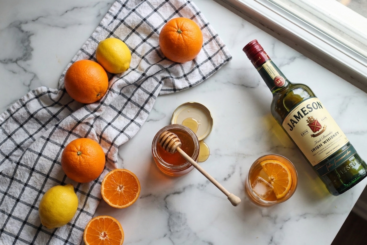 Fresh oranges, a lemon, honey, and a bottle of Irish whiskey on a kitchen counter
