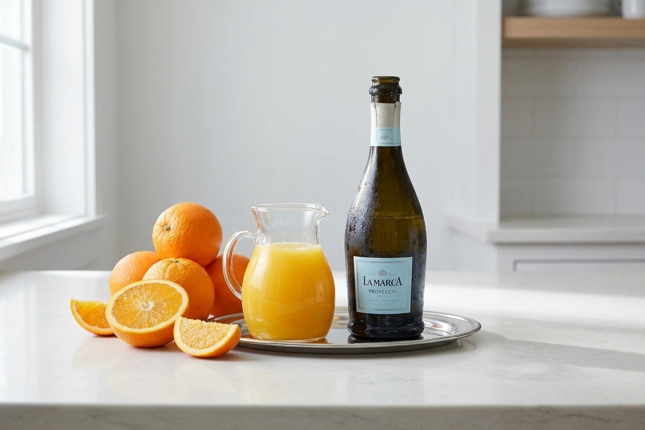 Fresh oranges, a small pitcher of orange juice, and a chilled bottle of sparkling wine arranged on a tidy kitchen counter with soft morning light
