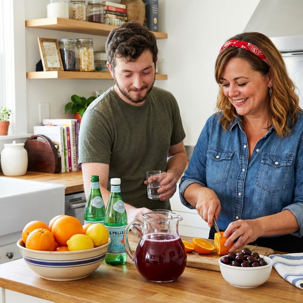 Fresh oranges and lemons, pomegranate juice, sparkling water, and a small bowl of cherries arranged on a kitchen counter