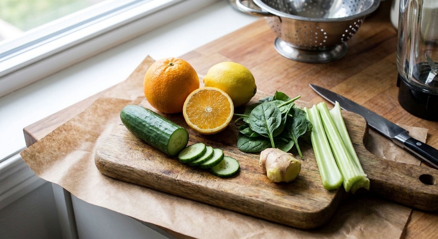 Fresh oranges, lemon, cucumber, spinach, ginger, and celery arranged on a wooden cutting board on a tidy kitchen counter