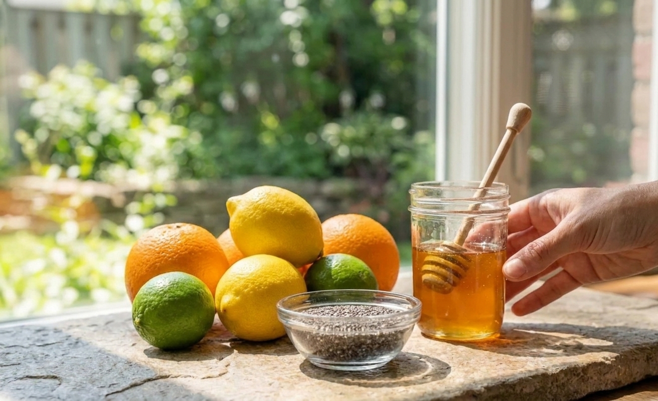Fresh oranges, lemons, and limes beside a small bowl of chia seeds and a jar of honey on a bright kitchen counter