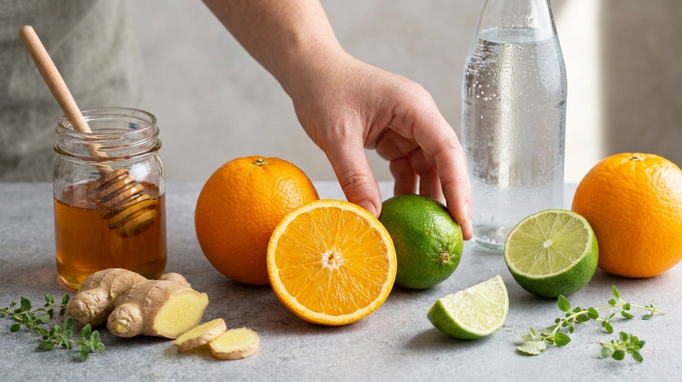 Fresh oranges, limes, a knob of ginger, honey, and a bottle of sparkling water arranged on a clean kitchen counter