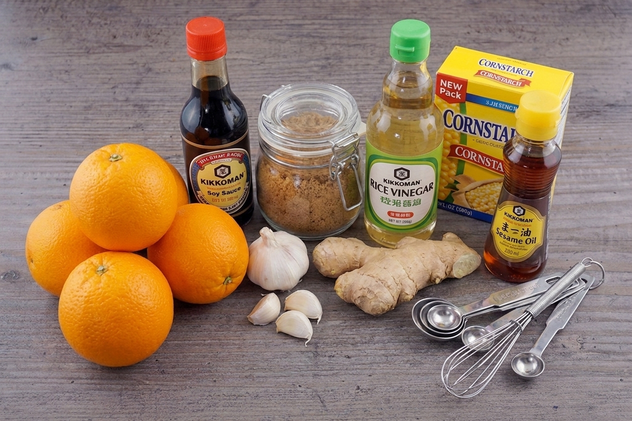 Fresh oranges, soy sauce, brown sugar, garlic, ginger, rice vinegar, cornstarch, and sesame oil arranged together with measuring spoons and a small whisk