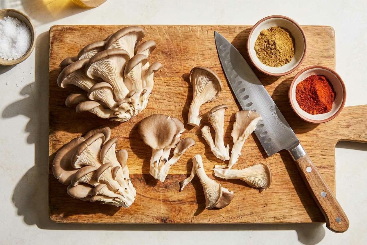 Fresh oyster mushrooms scattered on a wooden cutting board with a chef’s knife and small bowls of spices on a bright kitchen counter