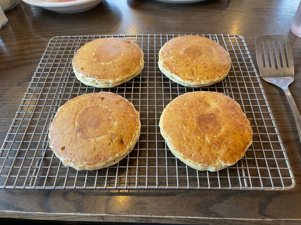 Fresh pancakes cooling in a single layer on a wire rack on a kitchen counter next to a spatula