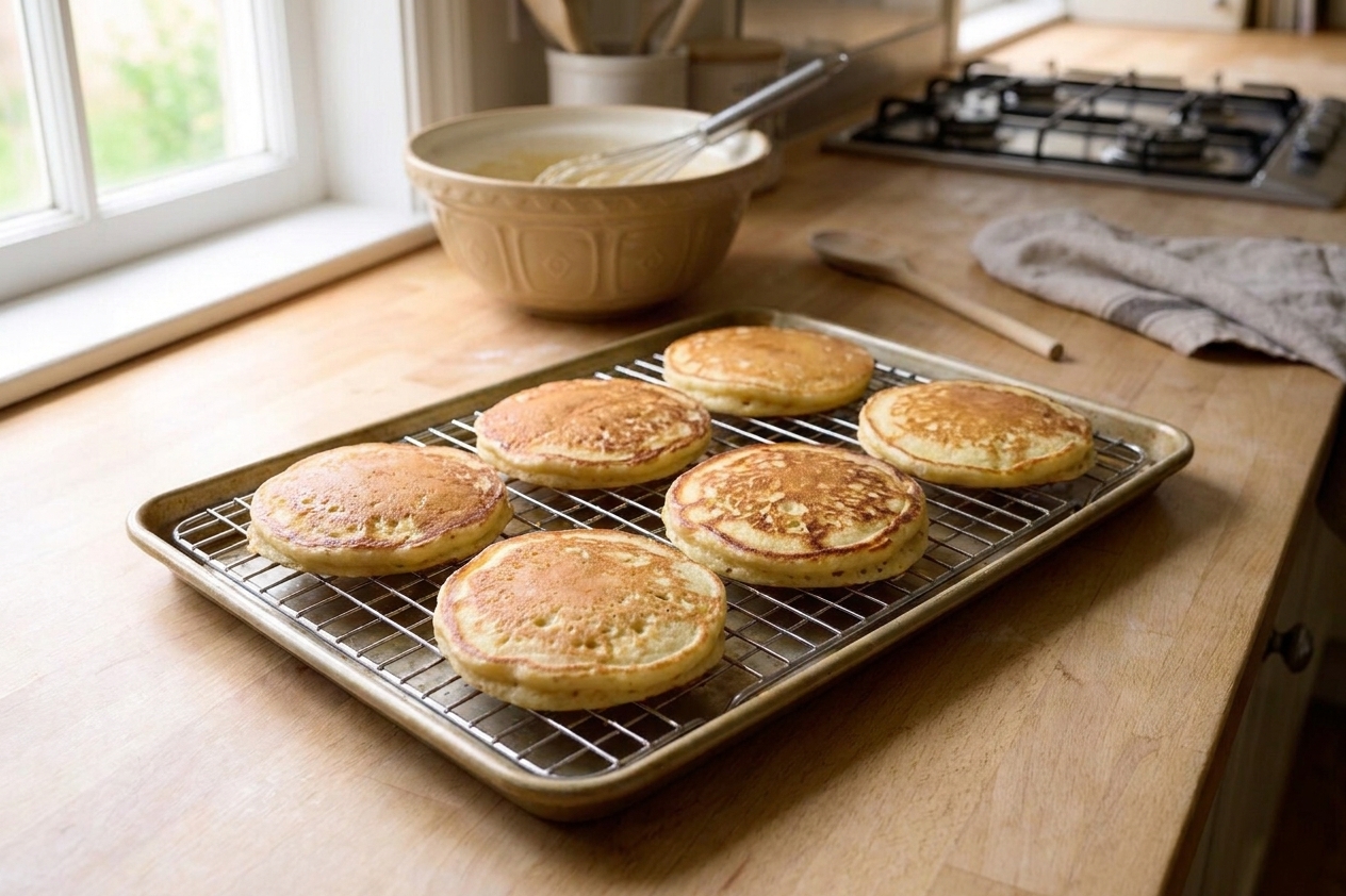 Fresh pancakes cooling on a wire rack set over a baking sheet on a kitchen counter