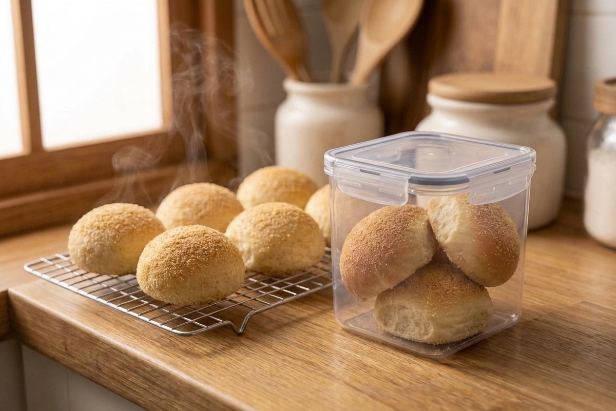 Fresh pandesal rolls cooling with a few stored in a clear airtight container on a kitchen counter
